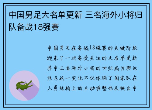 中国男足大名单更新 三名海外小将归队备战18强赛 中国男足大名单更新 三名海外小将归队备战18强赛