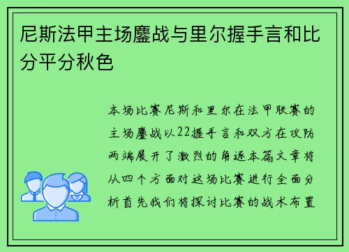 尼斯法甲主场鏖战与里尔握手言和比分平分秋色