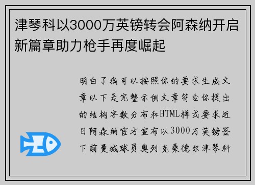 津琴科以3000万英镑转会阿森纳开启新篇章助力枪手再度崛起 津琴科以3000万英镑转会阿森纳开启新篇章助力枪手再度崛起